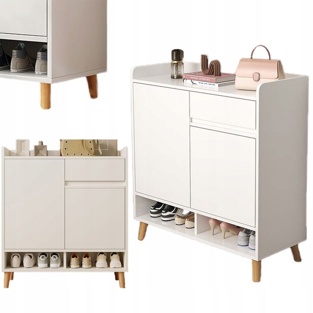 Collage of images showing a white shoe cabinet with wooden legs and some decorative items on top.