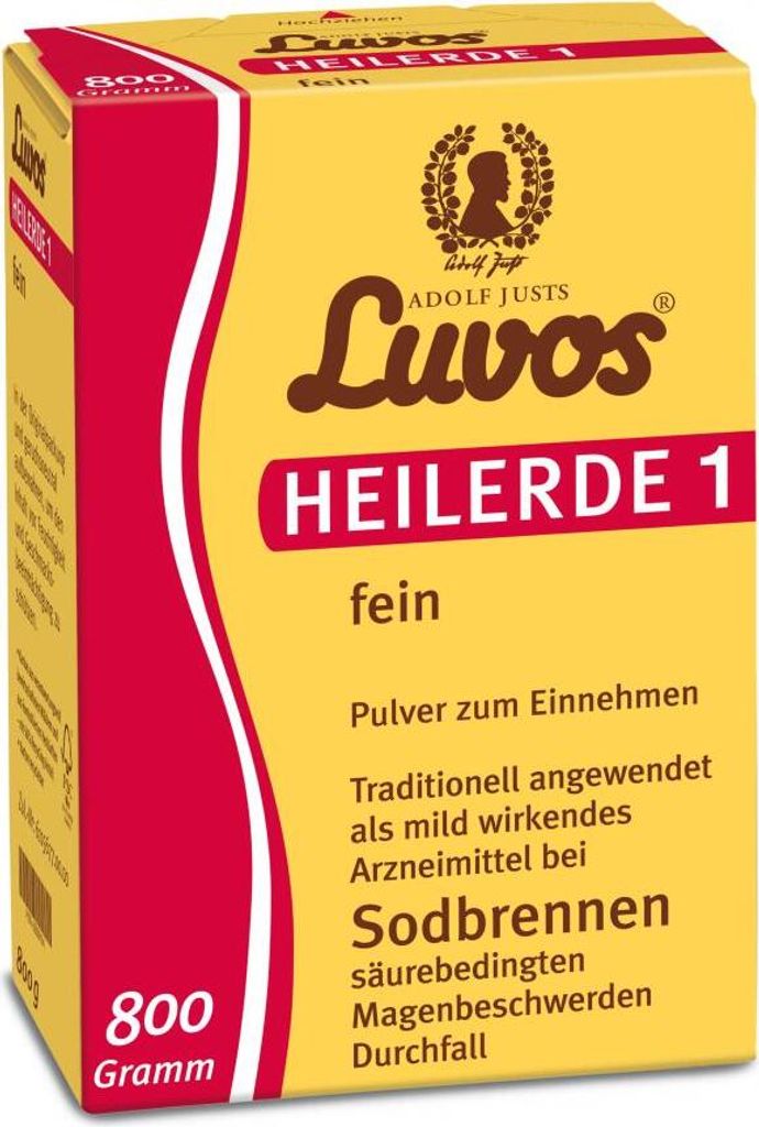 A product shot of a yellow box of Luvos Heilerde 1 fein powder.