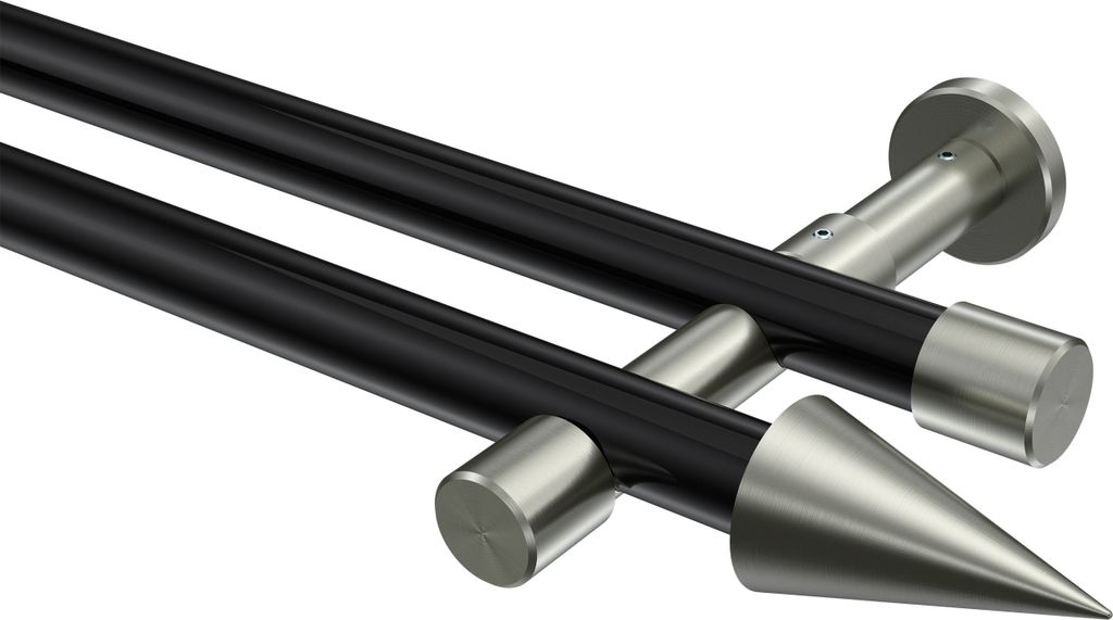 Interdeco Gardinenstange / Vorhangstange Schwarz / Edelstahl-Optik, Typ Prestige Savio (Kegel) ohne Ringe, 20 mm Ø 2-läufig, 420 cm