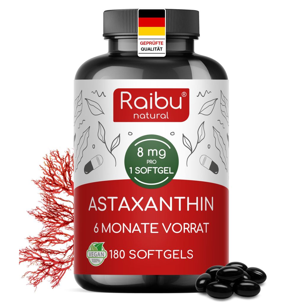 Astaxanthin Hochdosiert Kapseln, 180 Softgels, 8 mg pro Softgel, RAIBU