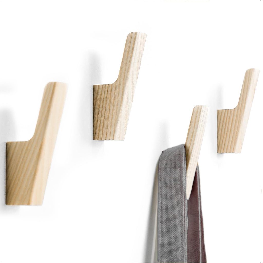 Wandhaken aus Buchenholz, 4er-Set, moderne Garderobenhaken für Kleidung, Taschen und Accessoires, Naturholz (Buche).