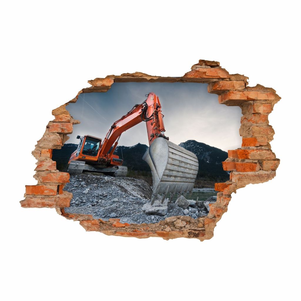 050 Wandtattoo Bagger II - Loch in der Wand orange grau : Größe - 500 x 350 mm