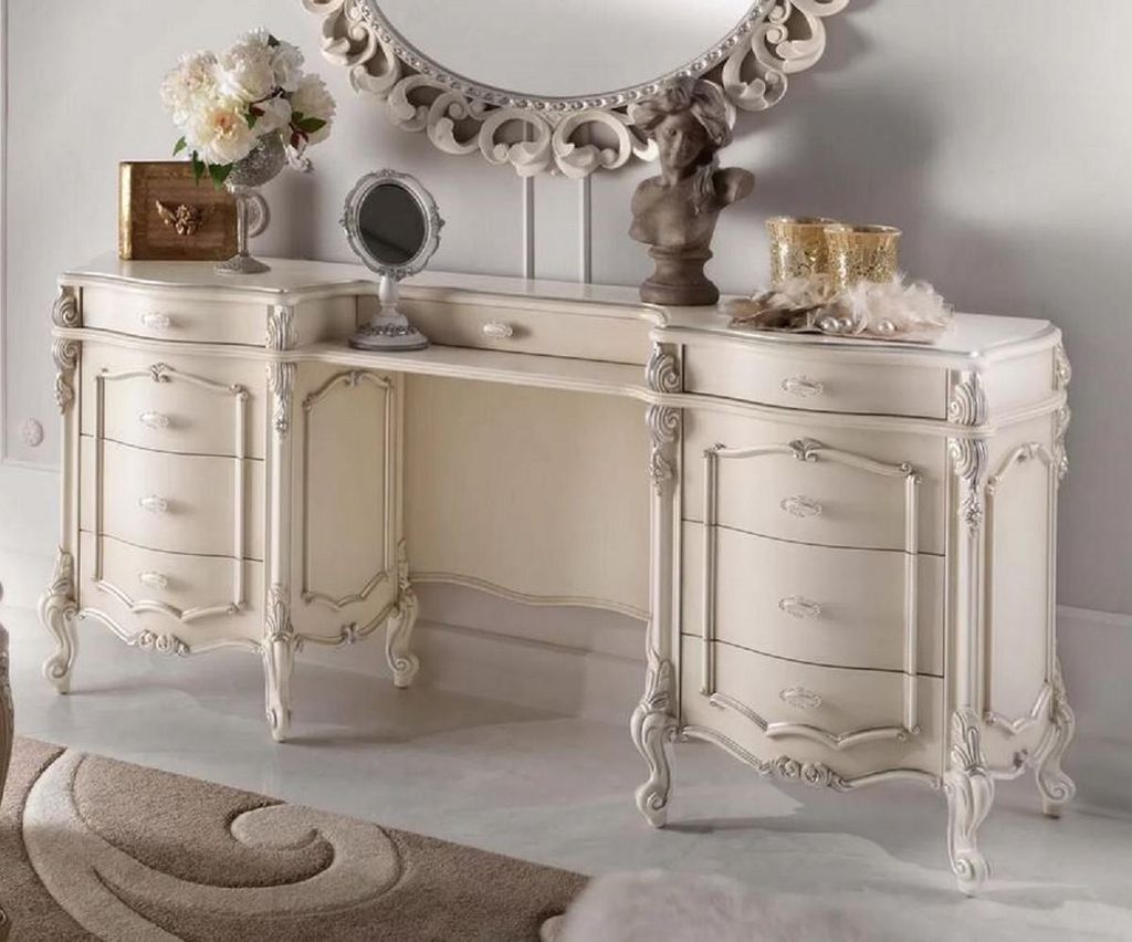 Casa Padrino Luxus Barock Schminkkommode Cremefarben / Silber - Edler Massivholz Schminktisch mit 9 Schubladen - Barock Schlafzimmer Möbel - Luxus...