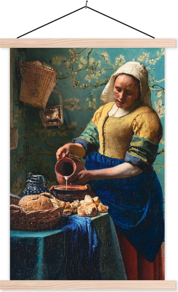 MuchoWow Textilposter Milchmädchen - Mandelblüte - Van Gogh - Vermeer - Gemälde - Alte Meister 60x90 cm mit holzfarbenen Rahmen - Textil