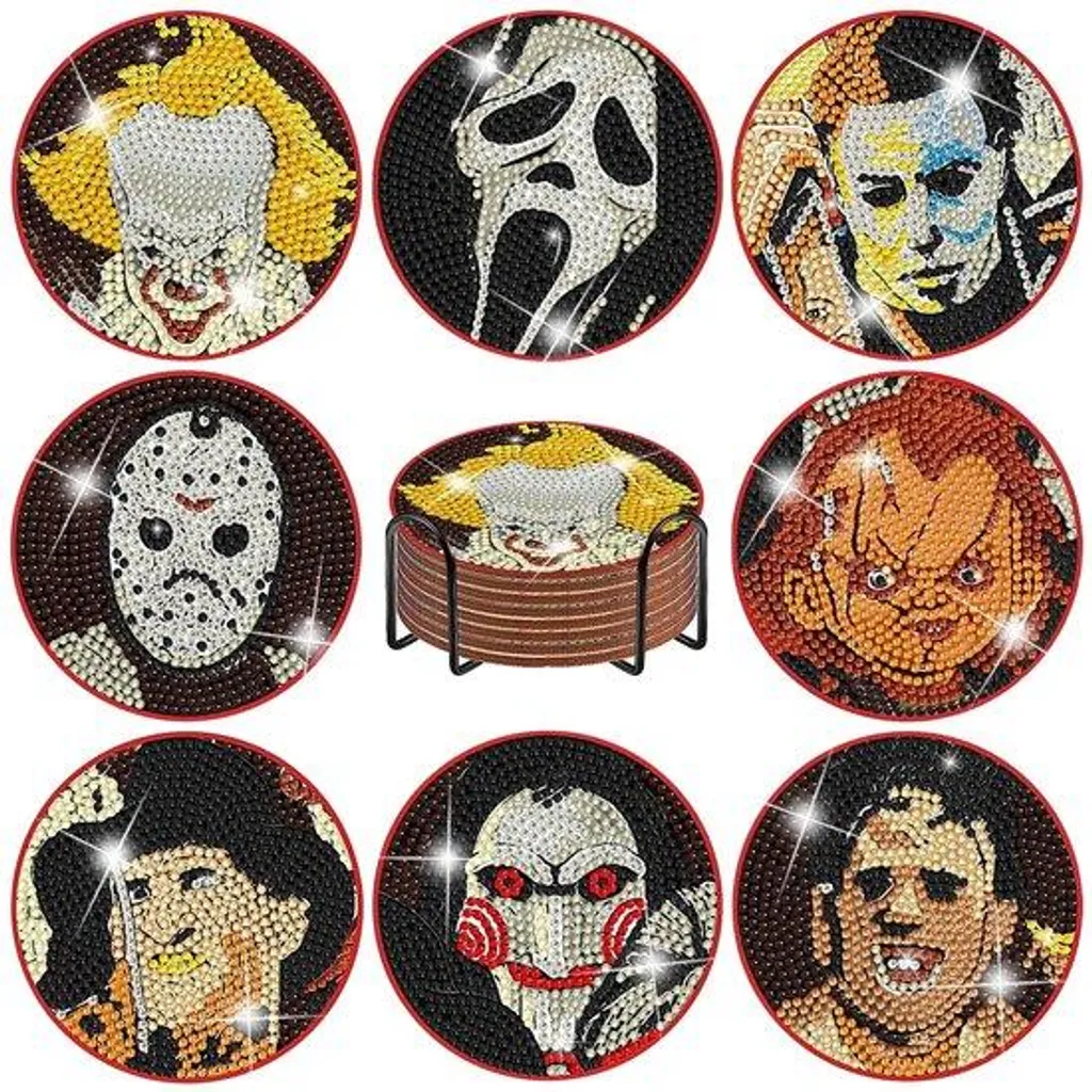 Kit de 8 Sous-verres Peinture Diamant Halloween avec Support en Bois DIY