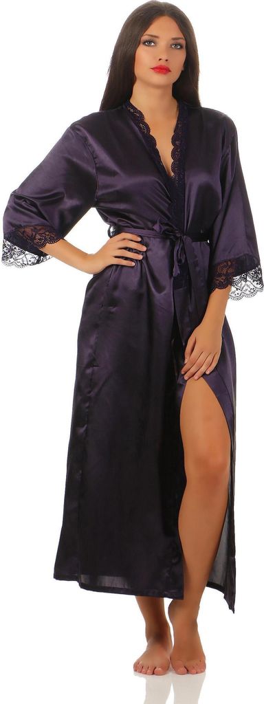 Damen langes Kimono Seidenrobe Morgenmantel; Aubergine S