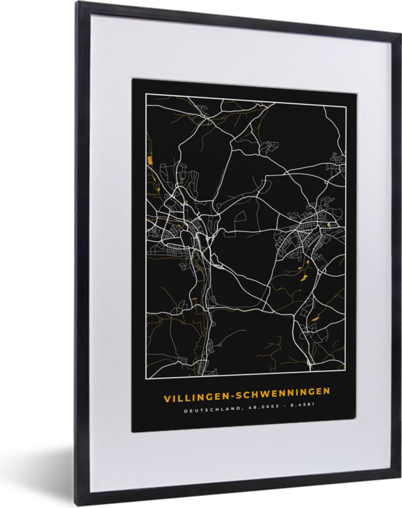 MuchoWow Gerahmtes Poster Schwarz und Gold - Stadtplan - Villingen Schwenningen - Deutschland - Karte 30x40 cm - Poster mit Schwarzem Bilderrahme...