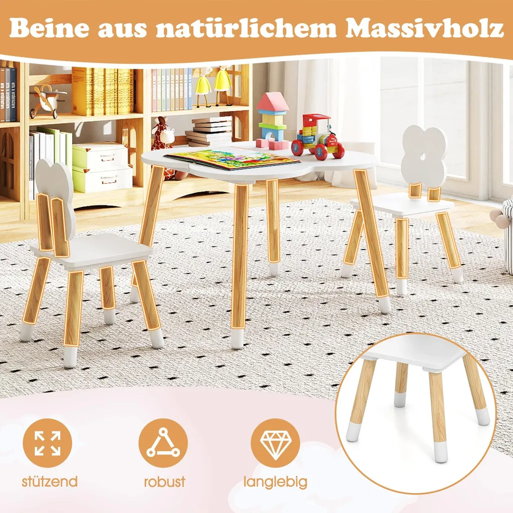 Table de jeu pour enfants ensemble 3 pièces blanc et bois dès 3 ans