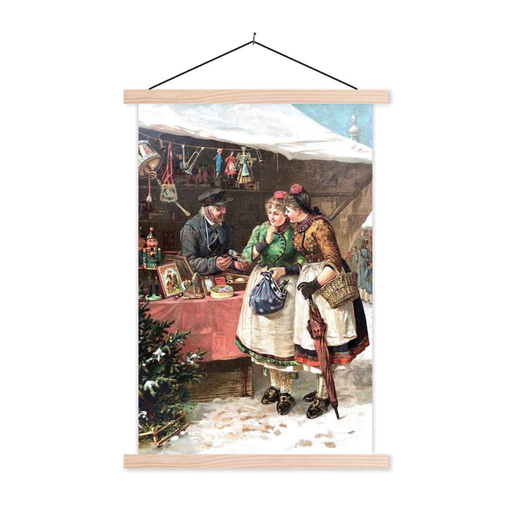 MuchoWow Textilposter Weihnachten - Porträt Weihnachtsmarkt - Vintage 120x180 cm mit holzfarbenen Rahmen - Textil-Plakat