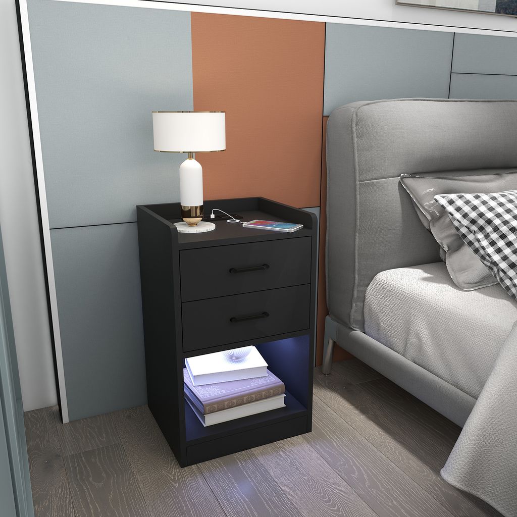 Nachttisch mit LED-Beleuchtung mit 2 Schubladen 65×40×35cm Schwarz