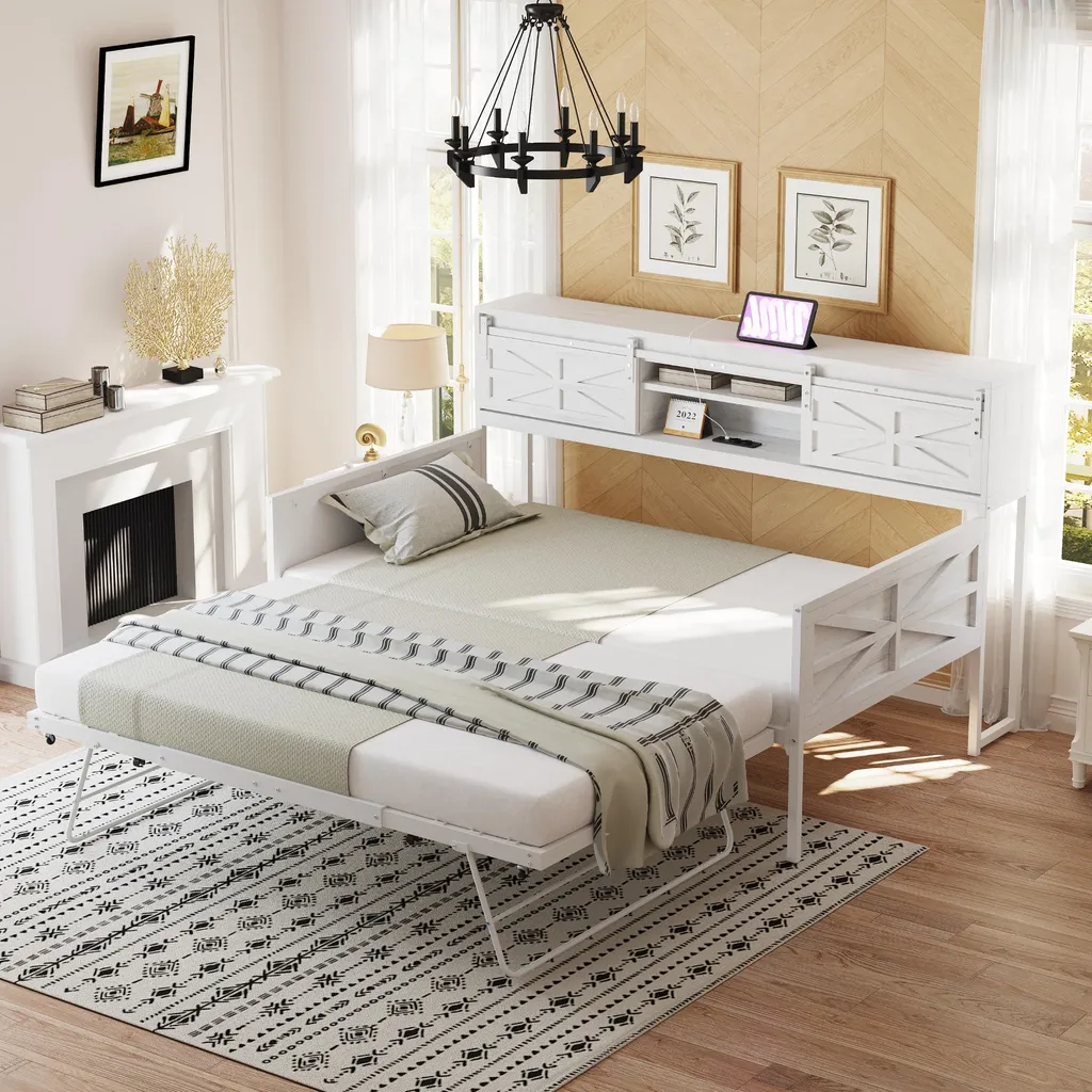 Canapé-lit 90x200 cm en fer blanc avec tête de lit de rangement active