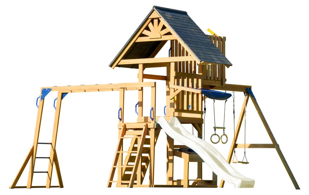 AXI Mitch Spielturm aus Holz in Braun mit Doppelschaukel | Spielplatz für Kinder mit Creme Rutsche, Schaukel, Trapez, Kletterwand, Aussichtsturm &...