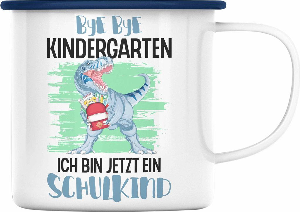 Trendation - Einschulung Junge Dino Geschenk für Schultüte Füllung Emaille Tasse Schulstart 1. Schultag Schuleinführung Schulanfang Geschenkide...