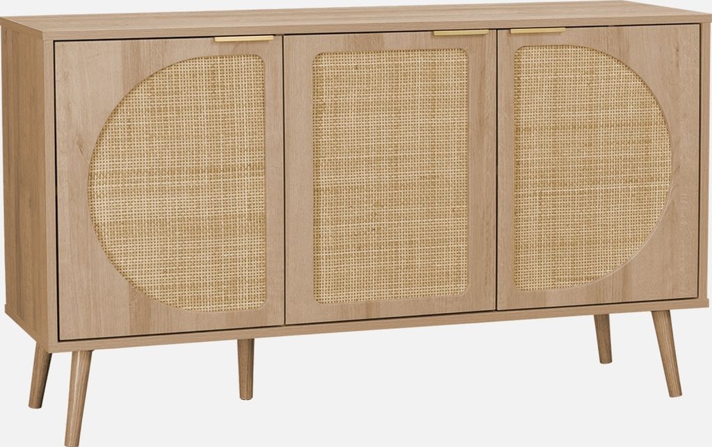 A light wood sideboard with cane webbing inserts on the doors.