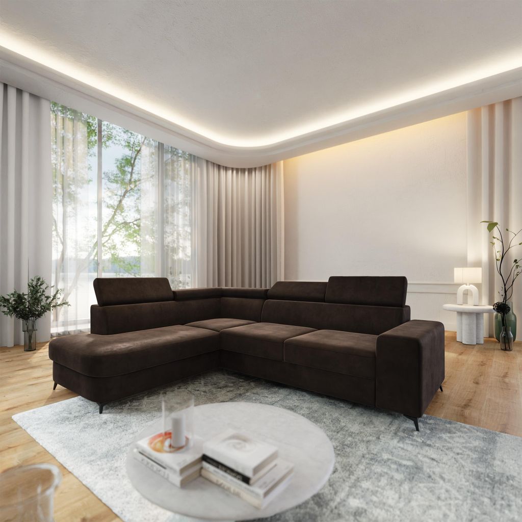 Masseno Ecksofa ALVORO L-S mit Schlaffunktion L-Form, Sofa mit Bettkasten, Wohnzimmersofa, Couch, Soffa, Bettsofa, Couchgarnitur- Braun, MONOLITH 29