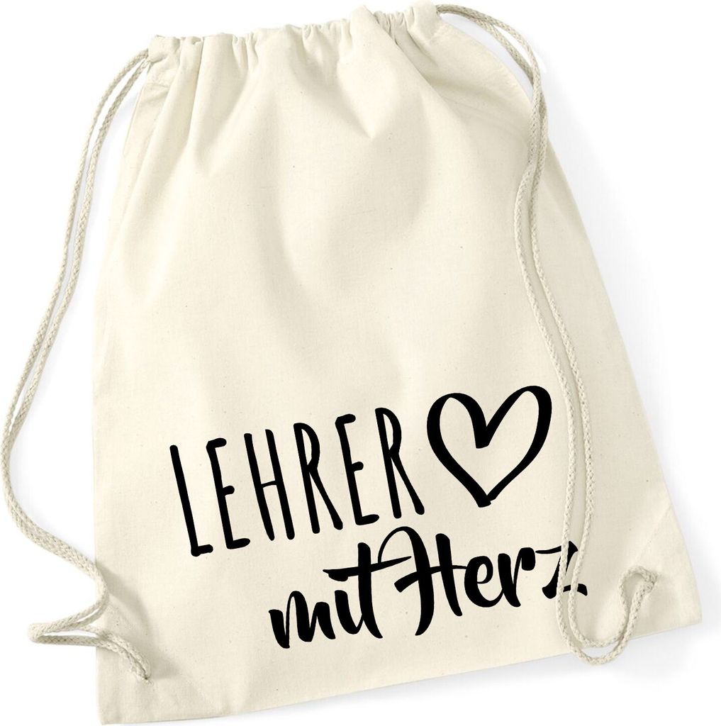 Huuraa Turnbeutel Lehrer mit Herz 12 Liter Natural Baumwolle Rucksack Geschenkidee
