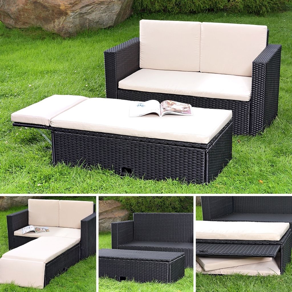 A collage of images showing a modular rattan garden furniture set in various configurations on a grassy lawn.