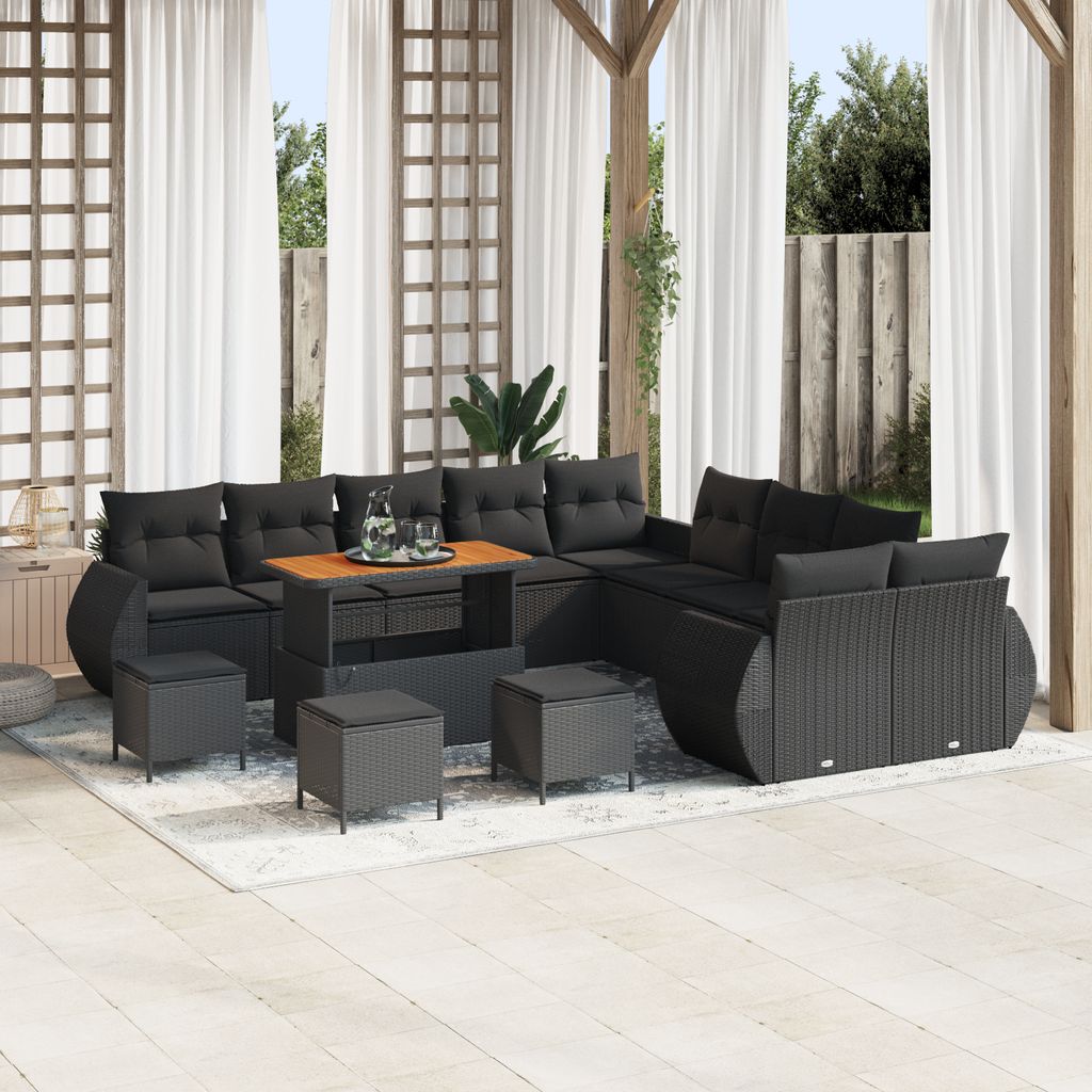 Desgin 14-teilige Garten Sofa Set mit Kissen Schwarz Poly Rattan Akazie - Gartensofas 3363889
