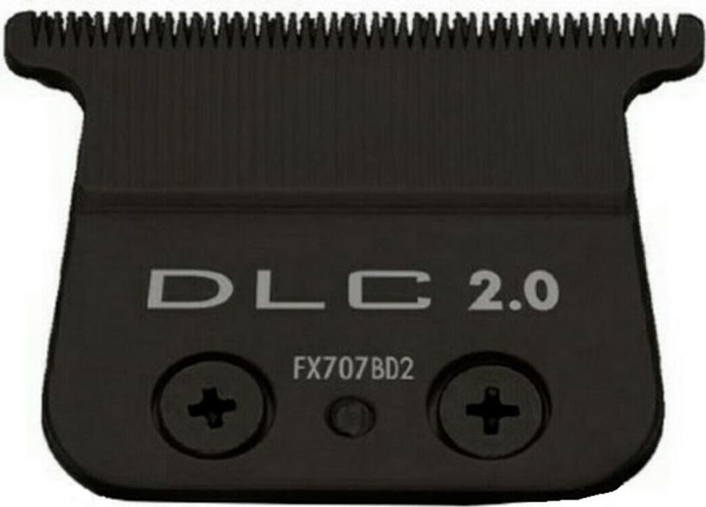 A close-up of a black hair trimmer blade with text.