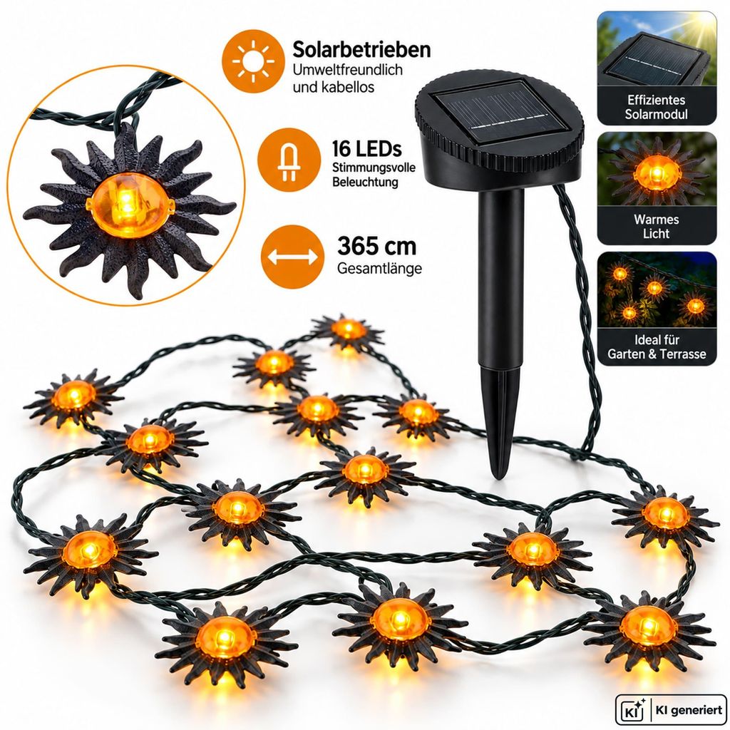 Solar Lichterkette 16 LED Sonnen 365 cm Garten Terrasse Produktbild 