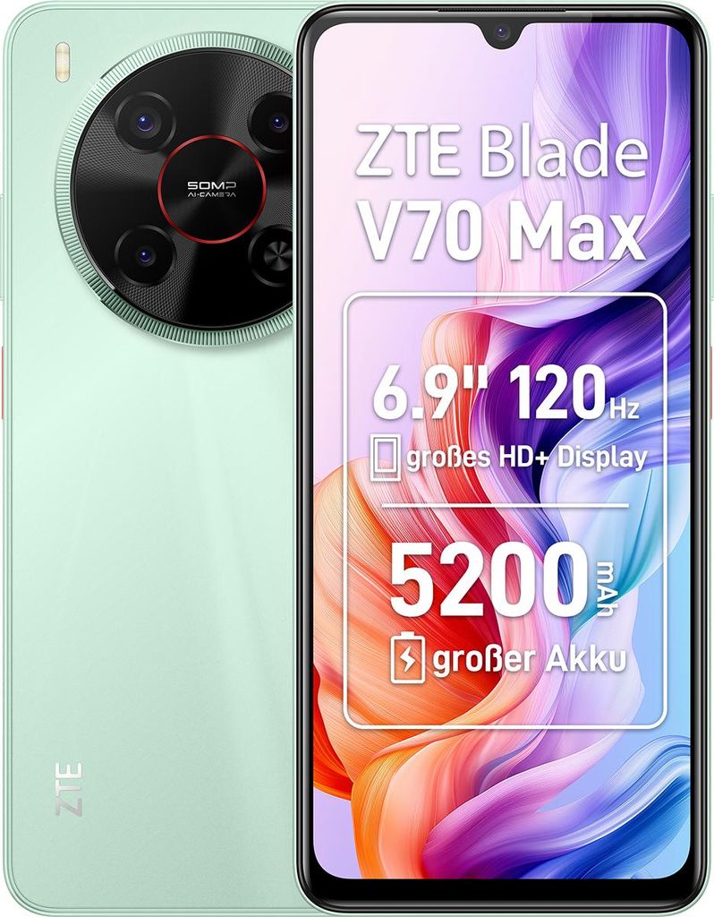 A marketing image of a ZTE Blade V70 Max smartphone, showing its rear camera and front display with feature callouts.