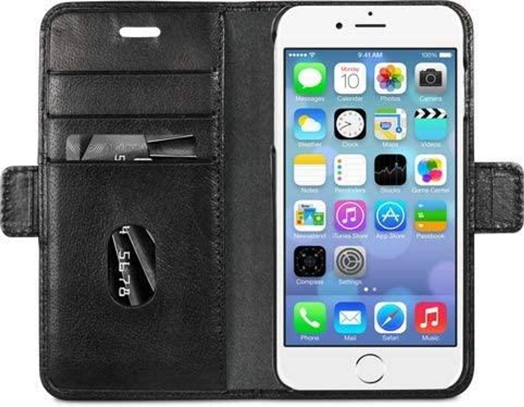 A black leather wallet-style phone case is open, revealing a white iPhone inside. The phone screen displays various app icons.