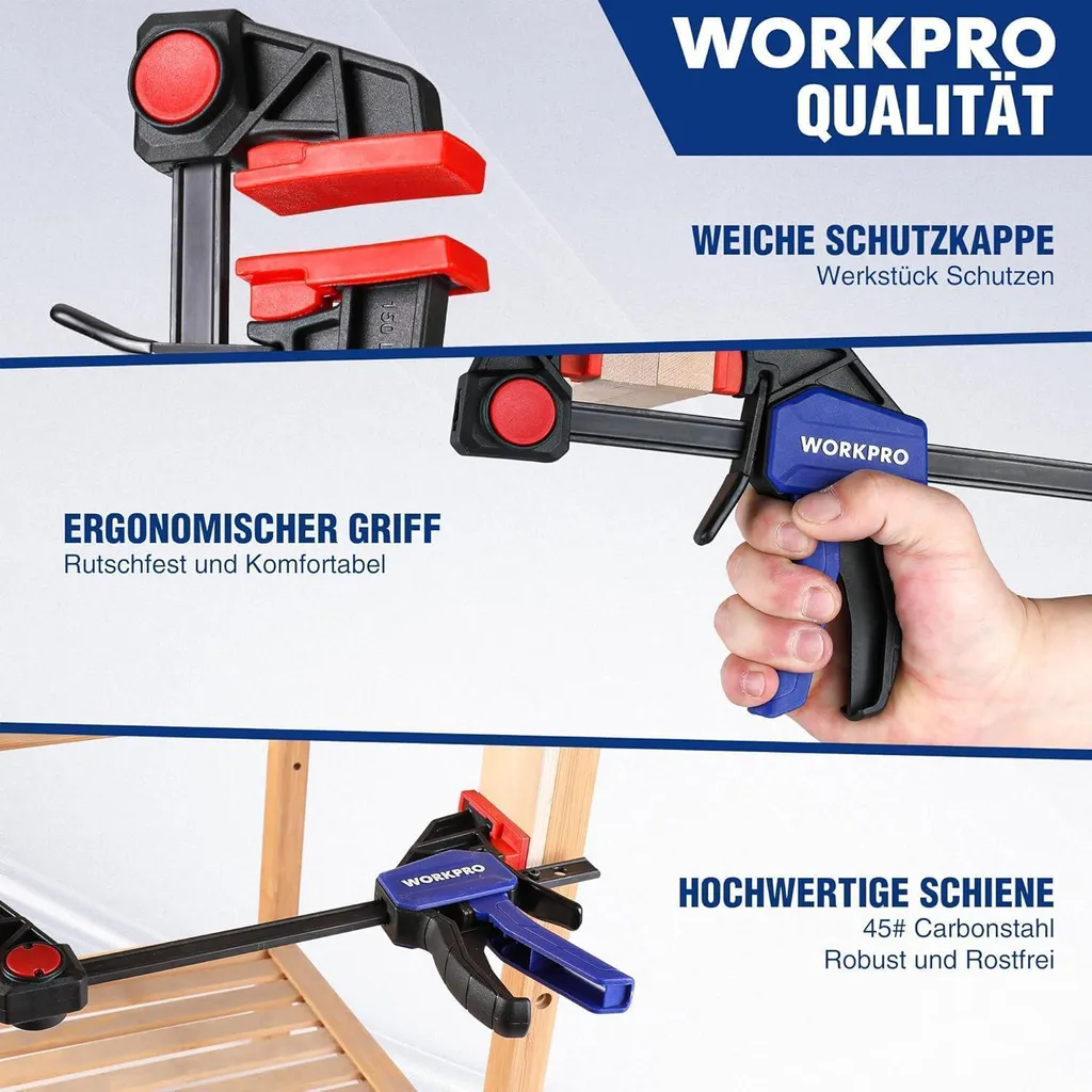 Serre-Joint à Vis et Serrage Rapide WORKPRO Pack de 4 Pièces Multitaille - 3