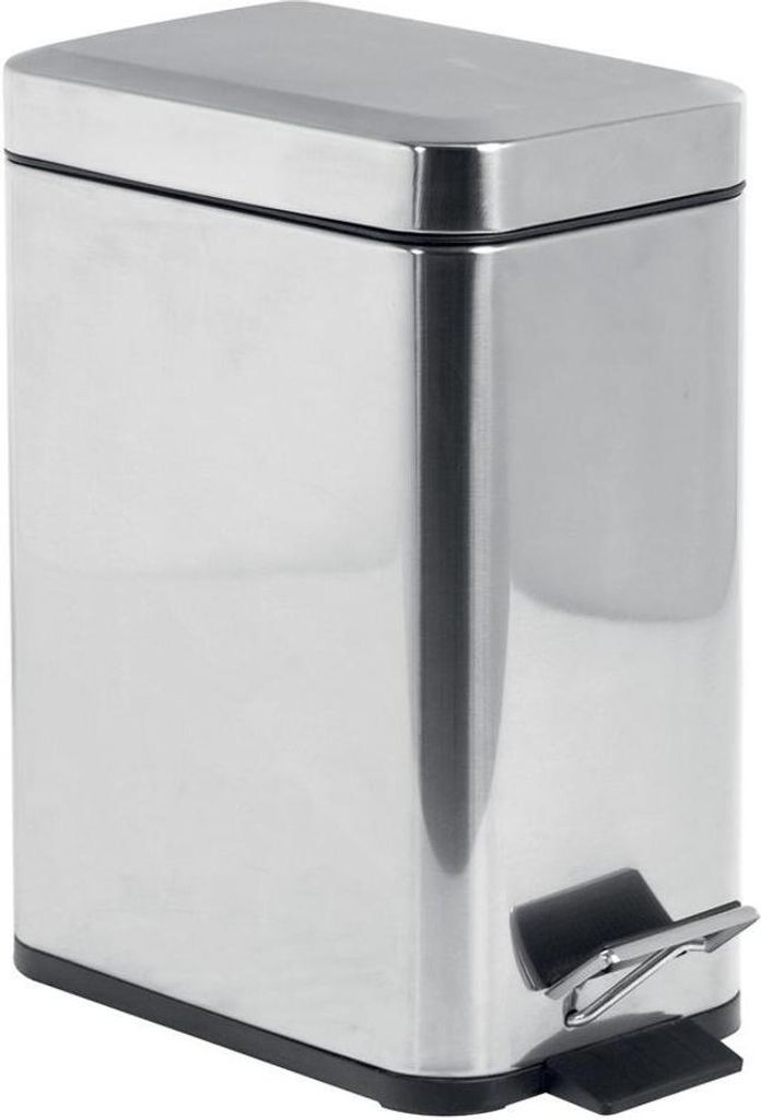 A stainless steel pedal bin with a black pedal.