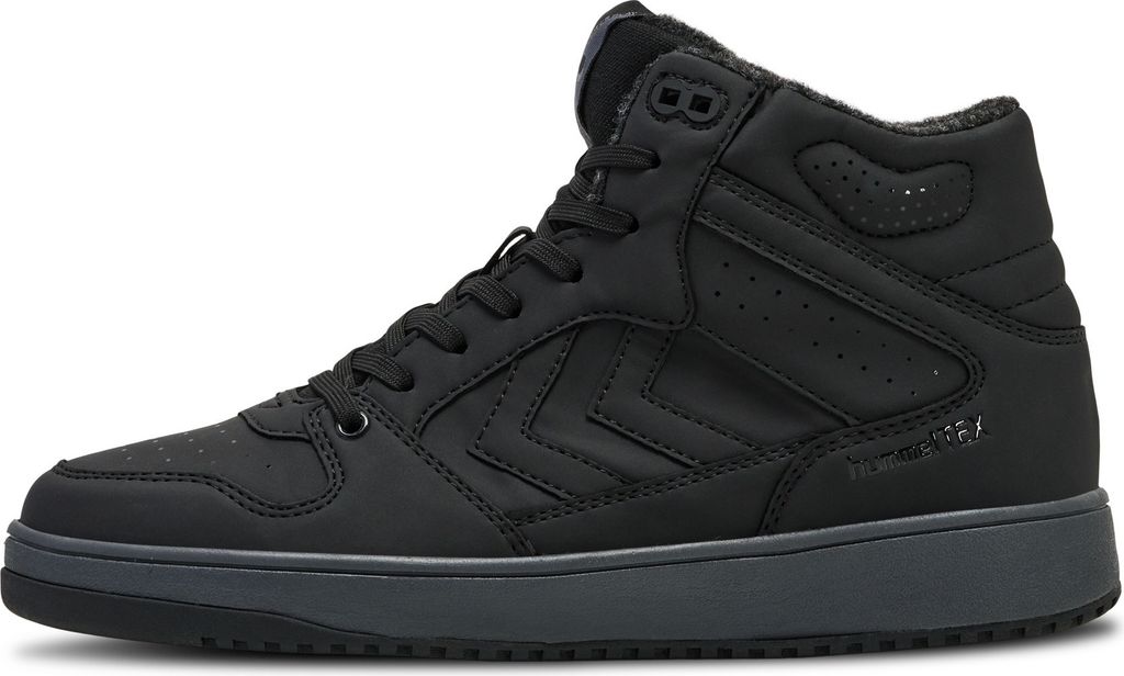 A black high-top sneaker shown from the side.