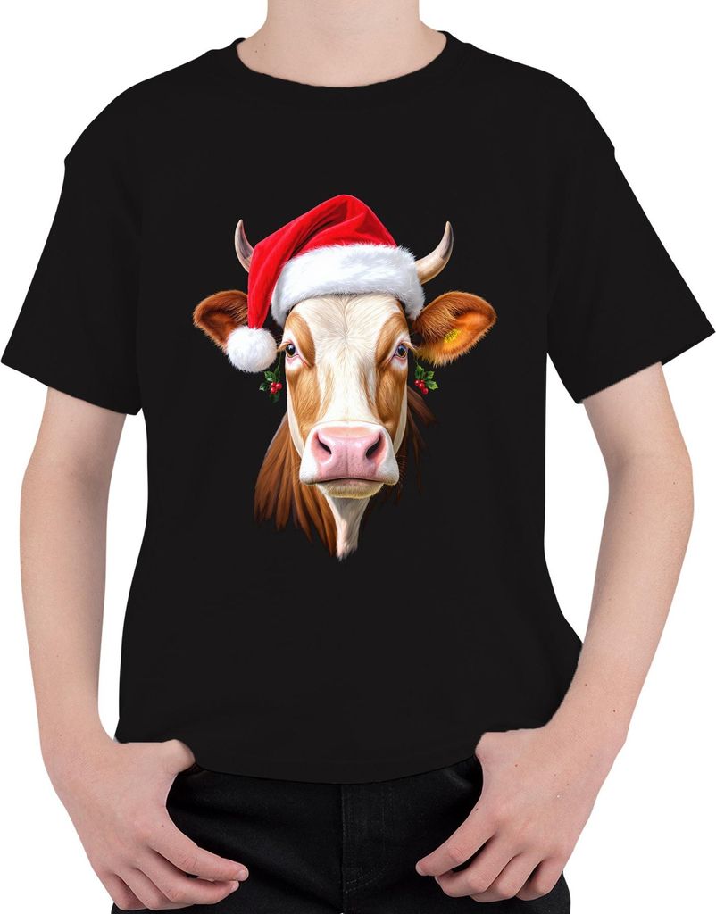 Weihnachtskuh Nikolausmütze Bauernhof Geschenk niedlich lustig Uni Kinder T-Shirt, Schwarz, 152