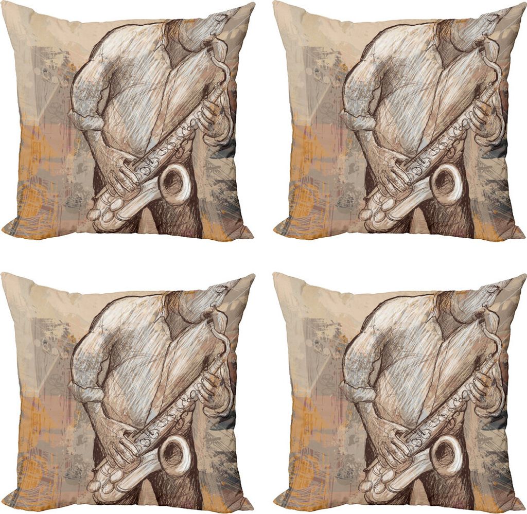 ABAKUHAUS Musik Kissenbezug Set (4 Stück), Jazz-Musiker auf Straße, Moderner Doppelseitiger Digitaldruck, 40 cm x 40 cm, Brown Ecru