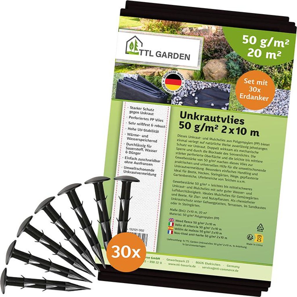 TTL GARDEN Unkrautvlies 20m² 2x10m + 30 Erdanker 50g/m² Produktbild 
