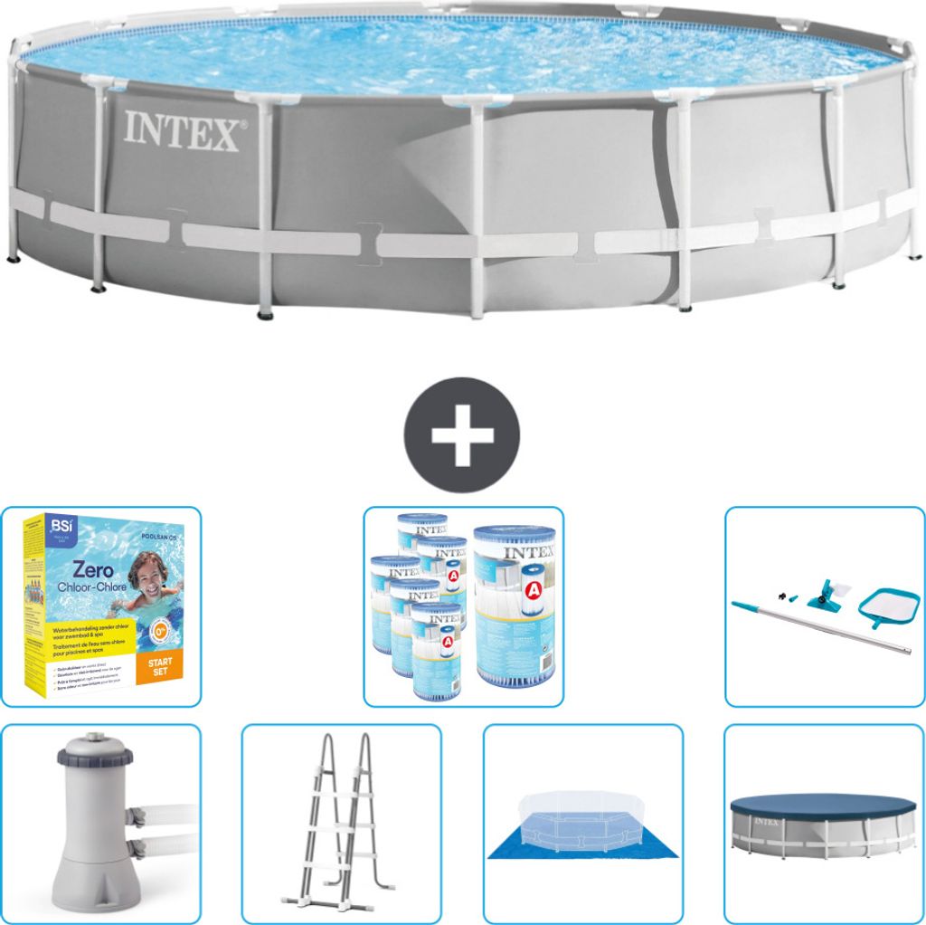Intex Round Prism Frame Swimming Pool – 427 x 107 cm – Grau – inklusive Pumpe – Leiter – Bodenplane – Abdeckung Wartungspaket - Filter ...