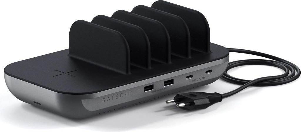 A Satechi charging station with multiple slots and ports, shown on a white background.
