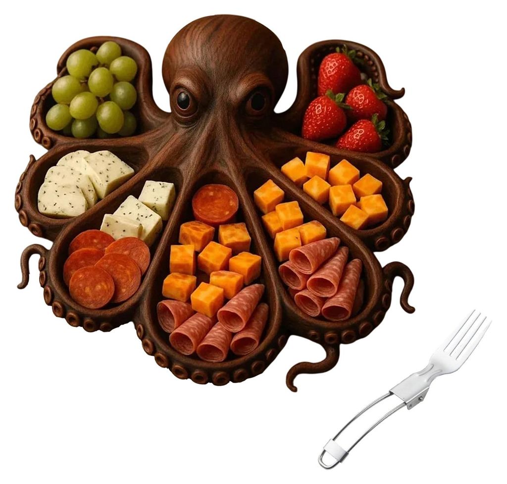 Oktopus-Charcuterieplatte mit Gabel, Käsebrett im Ozean-Design, Servierplatte aus Holz für Fleisch, Käse, Obst, Meeresfrüchte, einzigartiges Ge...