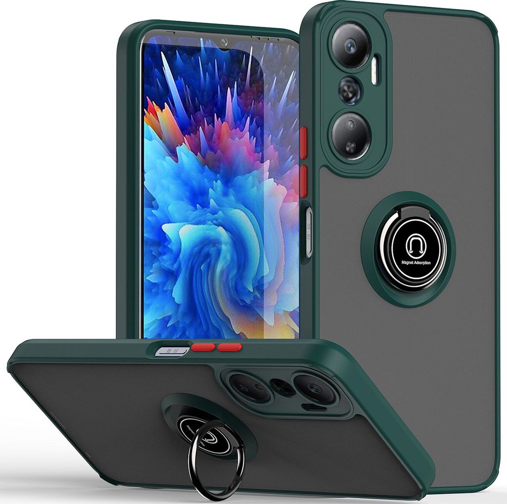 Infinix Hot 20 Hülle, Ring Halter Ständer Matte TPU Rahmen Stoßfest Schutzhülle für Infinix Hot 20 dunkelgrün