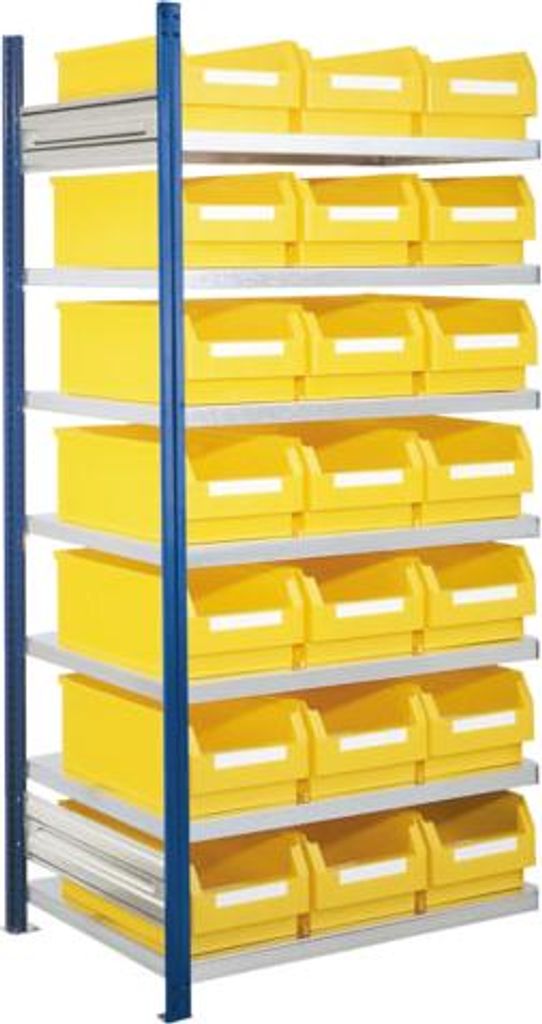 Ordnungsregal, Stecksystem, Anbaufeld, 7 Fachböden, Anzahl Kästen: 21xGr. 2, BxTxH 1000x600x2000 mm, Rahmen blau, Böden verzinkt