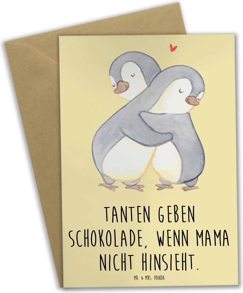 Mr. & Mrs. Panda Grußkarte Tante Schokolade - Gelb Pastell - Geschenk, Geheimnisse, weihnachtskarten, einladungskarten, persönliche Erinnerungen,...