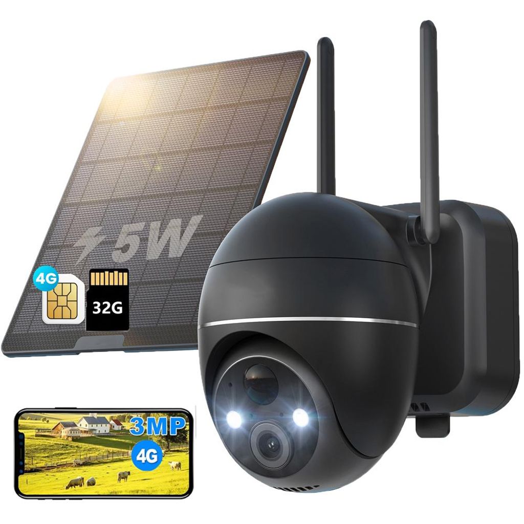 4G LTE Überwachungskamera Aussen Solar mit SIM Karte & 32G Karte ohne WLAN Kamera Überwachung Aussen Akku Outdoor Kamera 355°/120° Schwenkbar