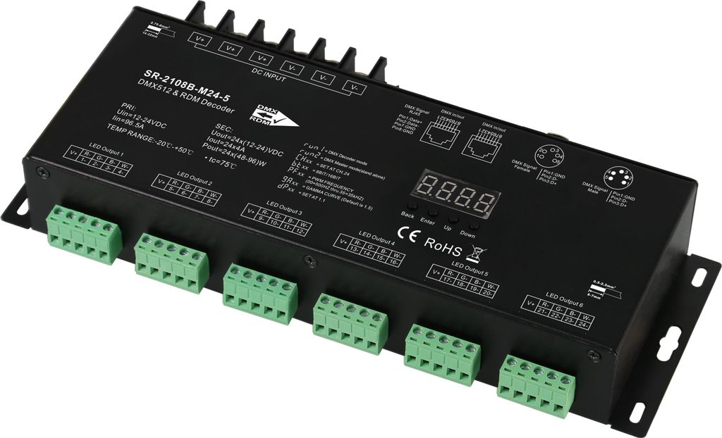 SR-2108B-M24-3 DMX512 und RDM Decoder 24-Kanal 4A pro Kanal 12-24V DC Metallgehäuse XLR RJ45
