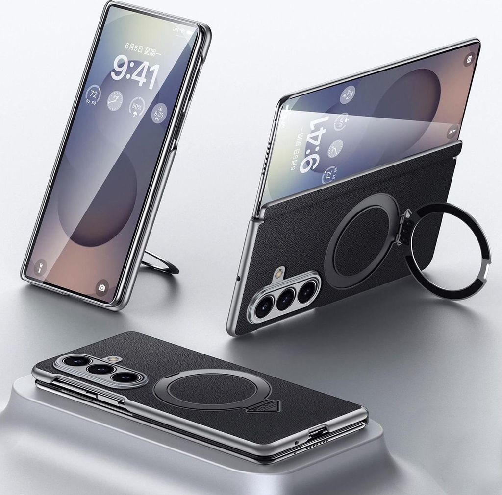 Three views of a black phone case with a ring holder, displayed on a light gray surface.