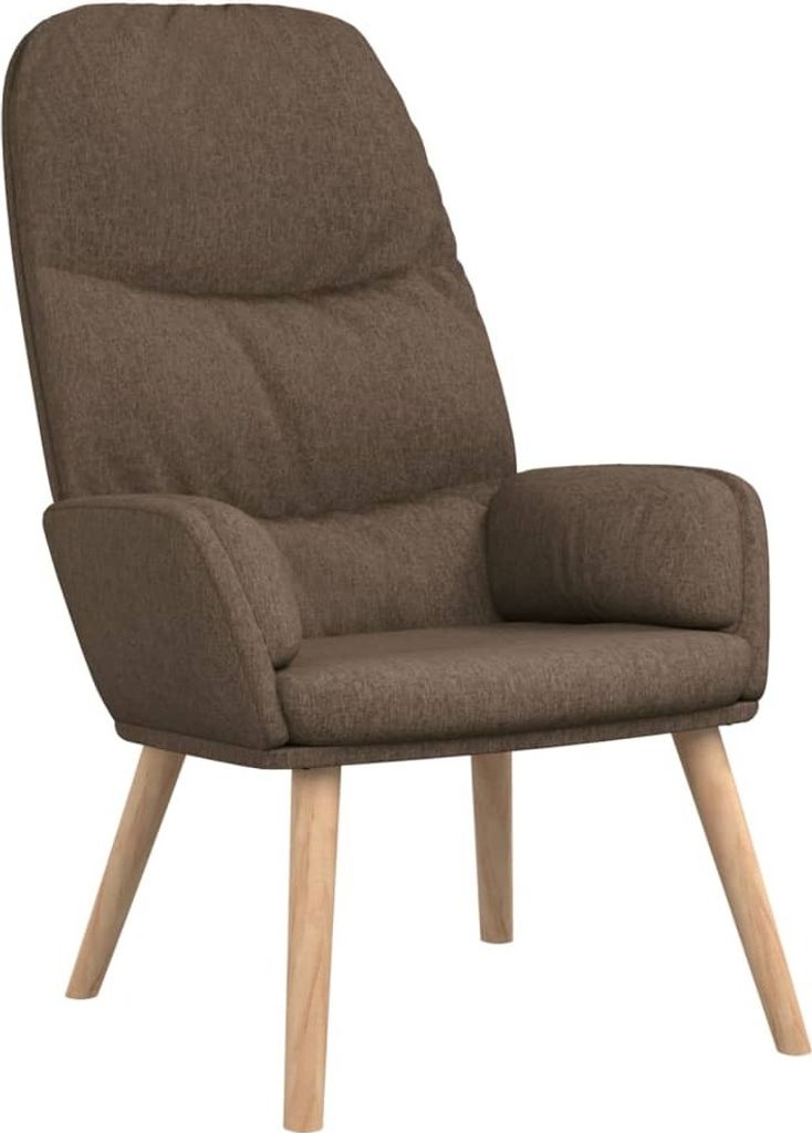 A brown fabric armchair with wooden legs, shown against a white background.