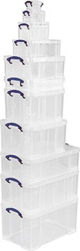 A stack of transparent storage boxes with blue handles.