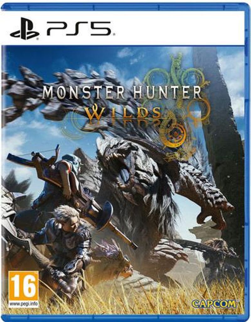 The image shows the cover art for the video game 'Monster Hunter Wilds' for PlayStation 5.