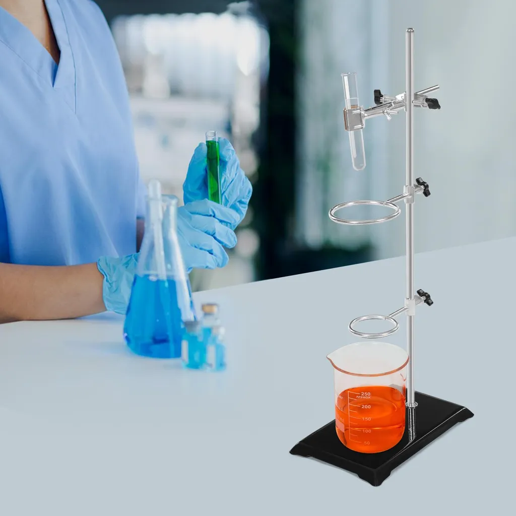 Support pour expériences de chimie, hauteur 50 cm avec bagues acier