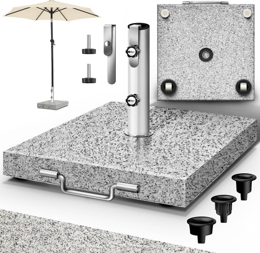 tillvex Granit Sonnenschirmständer mit Rollen & Transportgriff Grau - 27 kg Eckig | Schirmständer Sonnenschirm mit Edelstahlrohr | Balkonschirm...
