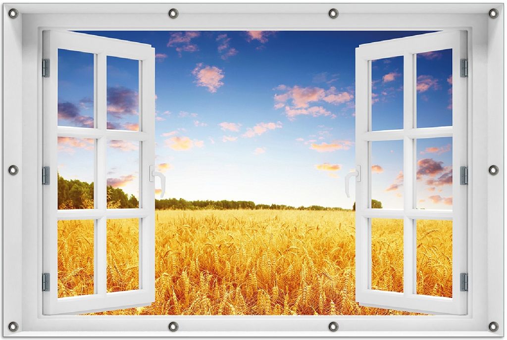 Wallario Outdoor-Poster für Garten oder Balkon 100 x 150 cm: Weizenfeld unter blauem Himmel