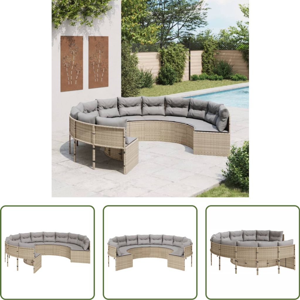 The Living Store Gartensofa mit Kissen Rund Beige Poly-Rattan