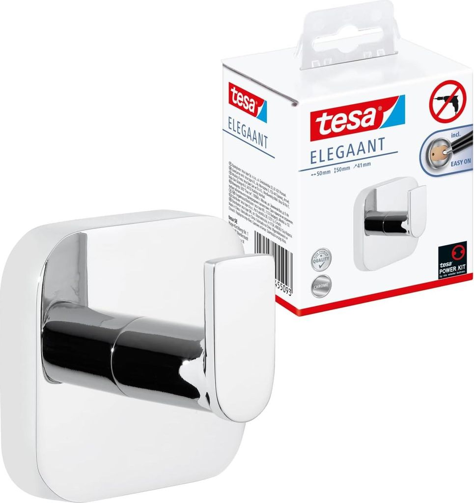 A tesa Elegaant handtuchhaken (towel hook) is shown next to its packaging.
