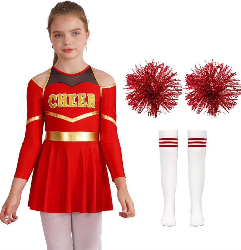 A young girl wearing a cheerleader outfit, with pom-poms and socks displayed next to her.